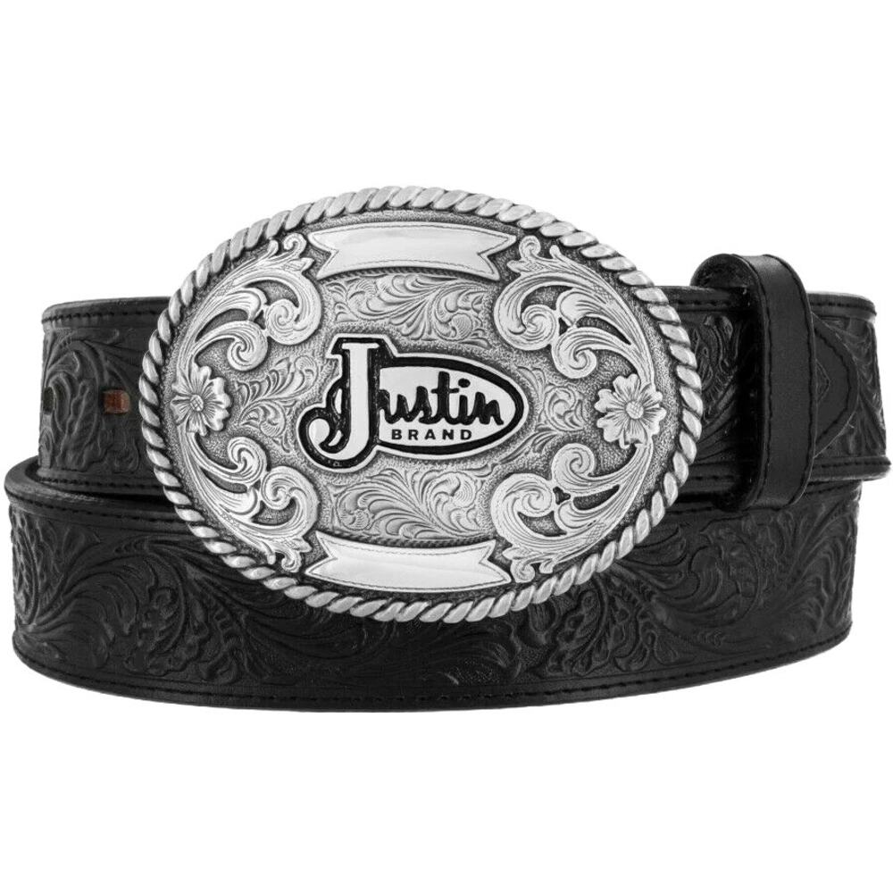 Justin Men's 38 Black Leather Western Trophy Belt & Buckle 242BK Made in USA